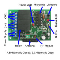 433.92MHz Radio Frequency 2CH DC Wireless Remote Switch With Self-locking Momentary Two Modes Control (Model 0020021)